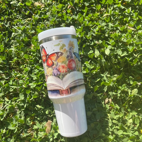 Custom 40 oz Tumbler Colorful Book and butterfly Double-wall vacuum insulation T - Picture 5 of 7